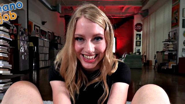 Petite 21yo blondie wanking cock in POV and pussy