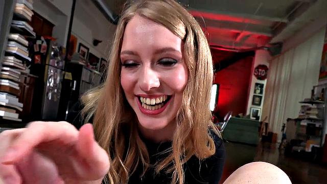 Petite 21yo blondie wanking cock in POV and pussy