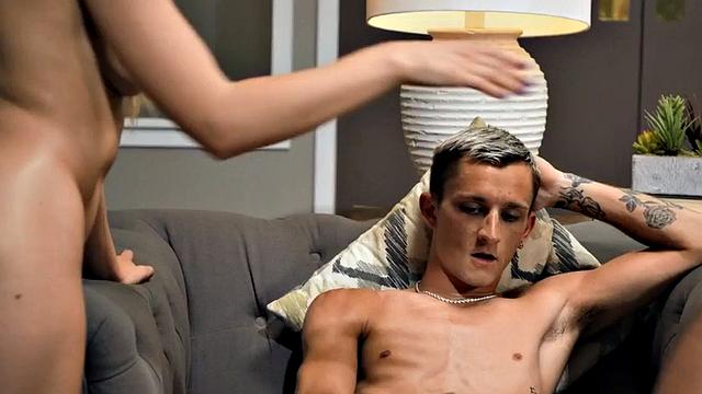 Petite babe gagging on cock in 3some after party