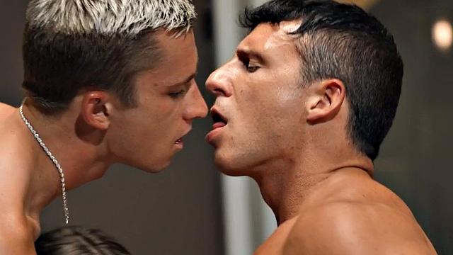 Petite babe gagging on cock in 3some after party