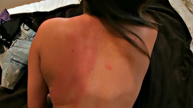 Hot POV action with a sexy babe in panties fingering her pussy and taking a cumshot on the bed