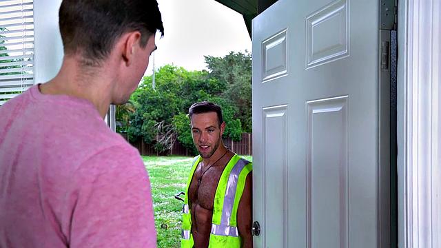 Watch this horny BWC hunk pound a nympho stud's ass in the living room