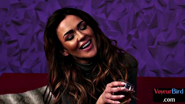 Voyeur busty MILF rubs pussy for wanker who cums for her