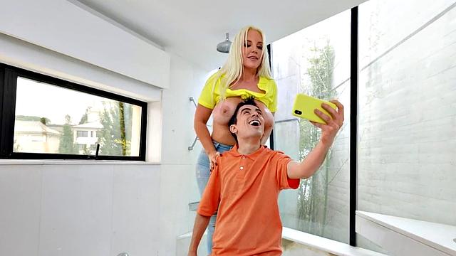 Hot stepmom Latina rides hung short guy in bathroom and gives a messy facial