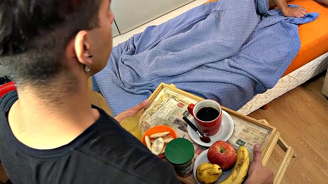 Rod brings Fabrice breakfast in bed, but what he really wants to do is fuck that ass. After sharing a banana, the horny couple put the food aside and Rod hops in bed with Fabrice.