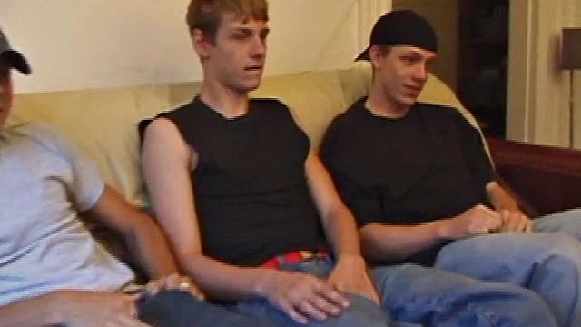 Vincenzo, Skylerr, and Shane snuggle on the sofa. Both Shane and Vincenzo turned on by dumping loads over Skylerr