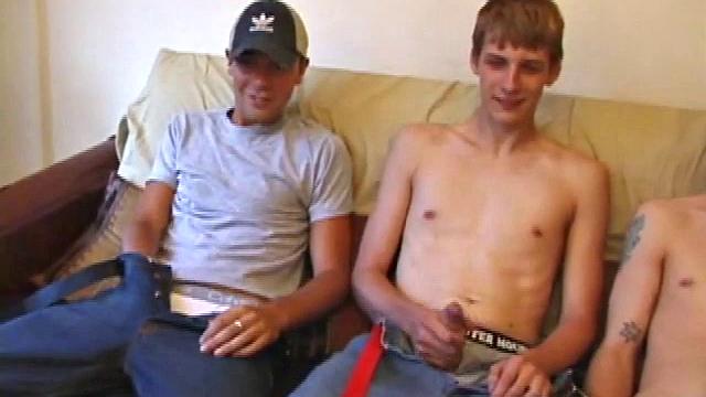 Vincenzo, Skylerr, and Shane snuggle on the sofa. Both Shane and Vincenzo turned on by dumping loads over Skylerr