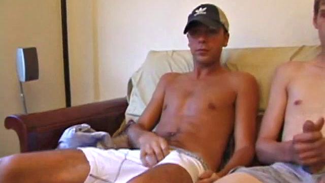 Vincenzo, Skylerr, and Shane snuggle on the sofa. Both Shane and Vincenzo turned on by dumping loads over Skylerr