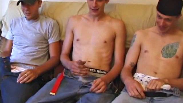 Vincenzo, Skylerr, and Shane snuggle on the sofa. Both Shane and Vincenzo turned on by dumping loads over Skylerr