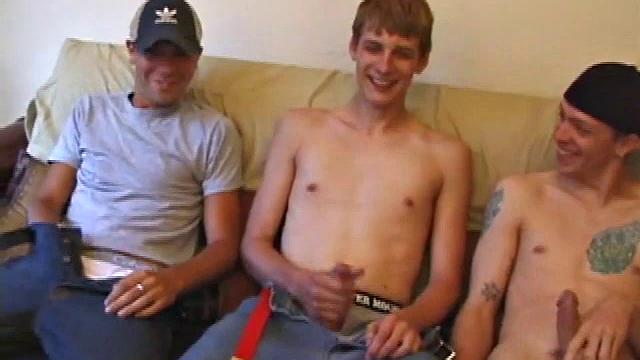 Vincenzo, Skylerr, and Shane snuggle on the sofa. Both Shane and Vincenzo turned on by dumping loads over Skylerr