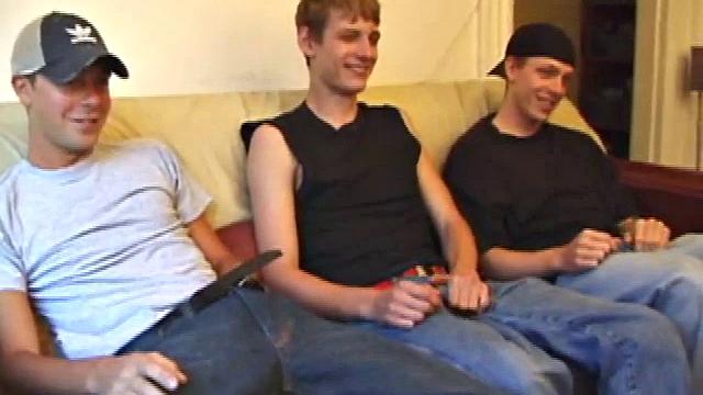 Vincenzo, Skylerr, and Shane snuggle on the sofa. Both Shane and Vincenzo turned on by dumping loads over Skylerr