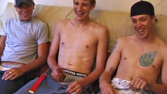 Vincenzo, Skylerr, and Shane snuggle on the sofa. Both Shane and Vincenzo turned on by dumping loads over Skylerr