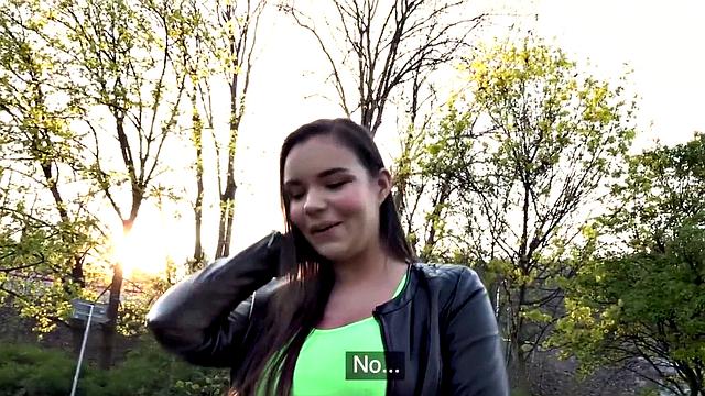 Cash-hungry brunette with a curvy body pulls out and gets her bald pussy pounded in doggystyle