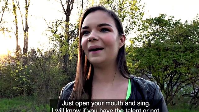 Cash-hungry brunette with a curvy body pulls out and gets her bald pussy pounded in doggystyle