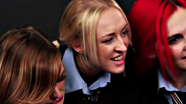 CFNM college chicks sucking student in group BJ