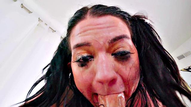 Throated - Brunette Slurps & Gives A Mean Upside Down Blowjob