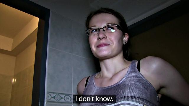 Hot glasses babe in public bathroom