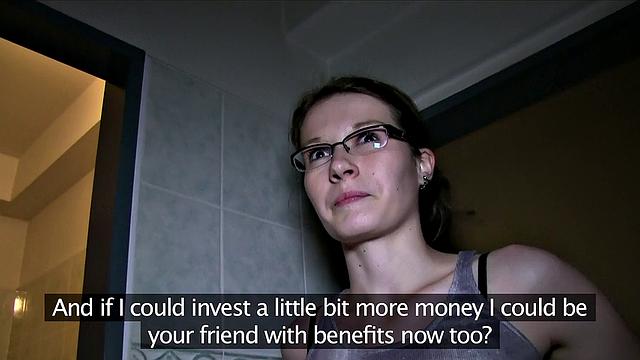 Hot glasses babe in public bathroom