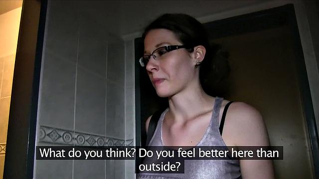 Hot glasses babe in public bathroom