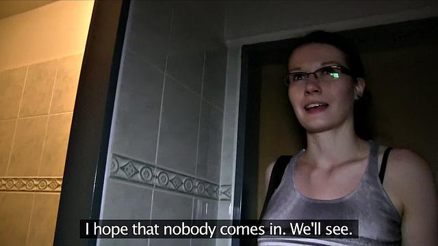 Hot glasses babe in public bathroom