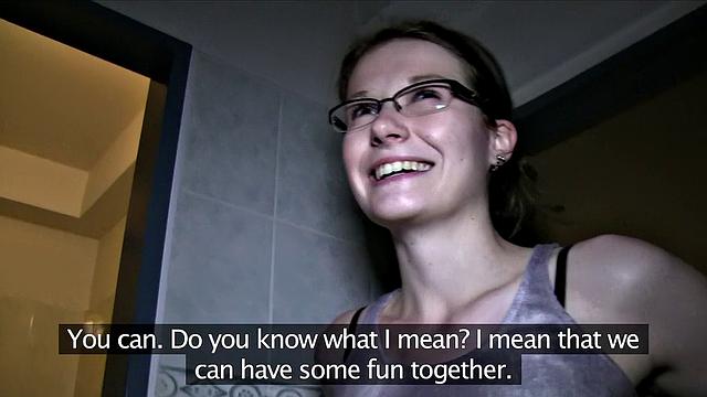 Hot glasses babe in public bathroom