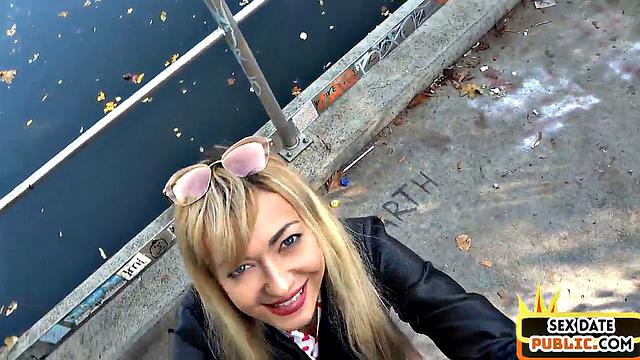 Petite public bae deepthroats on bridge before riding in hotel