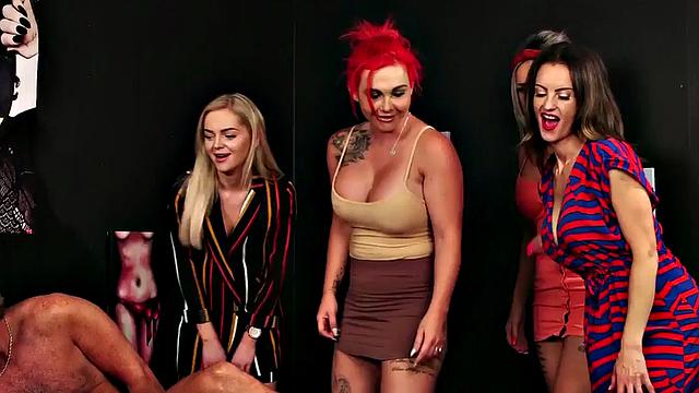 CFNM group HJ till cum by British amateur dominas