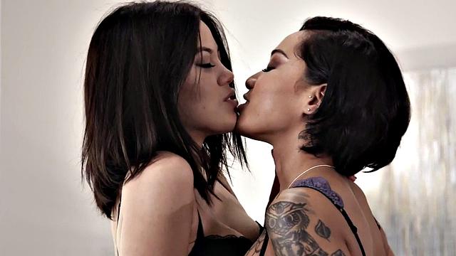 Sweet Asian lez strapon drilled in ass after facesitted