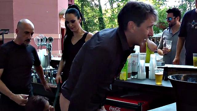 Public bdsm sub cocksucking and rimming in front of voyeurs