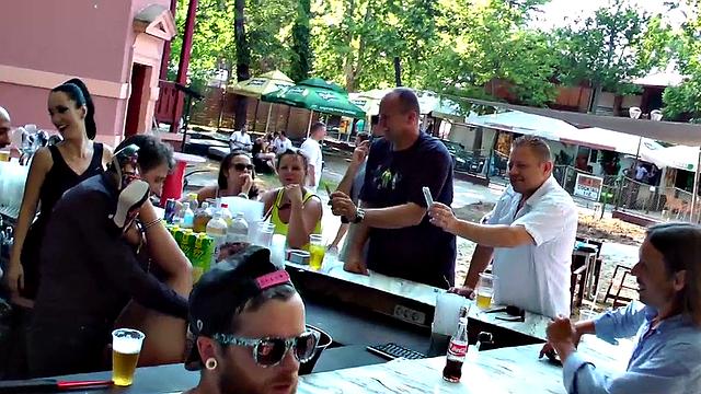 Public bdsm sub cocksucking and rimming in front of voyeurs