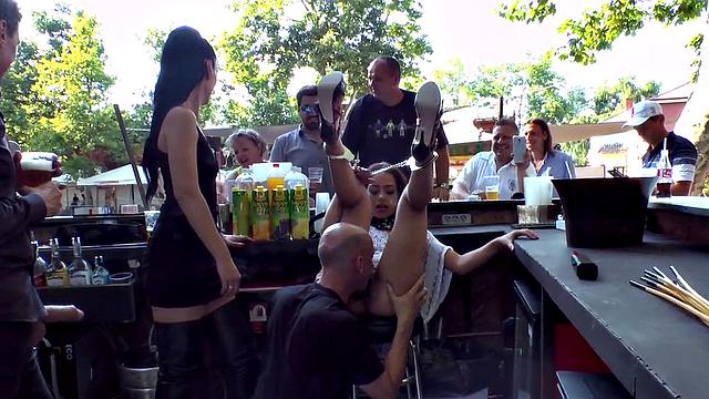 Public bdsm sub cocksucking and rimming in front of voyeurs