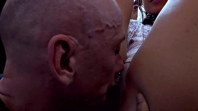 Public bdsm sub cocksucking and rimming in front of voyeurs