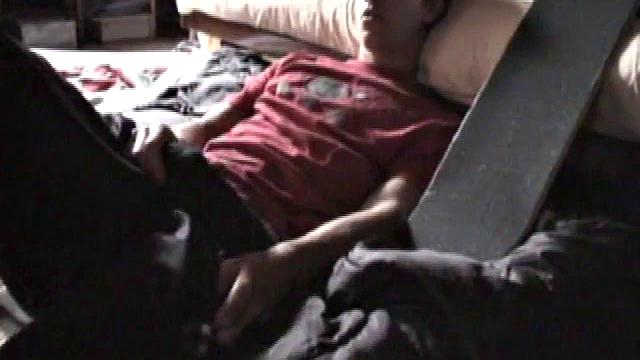 Jayden stands his skateboard up and then lies down in front of the camera to begin his solo jerk off. Getting to his favorite spot, he begins rubbing himself, before releasing his hard cock.