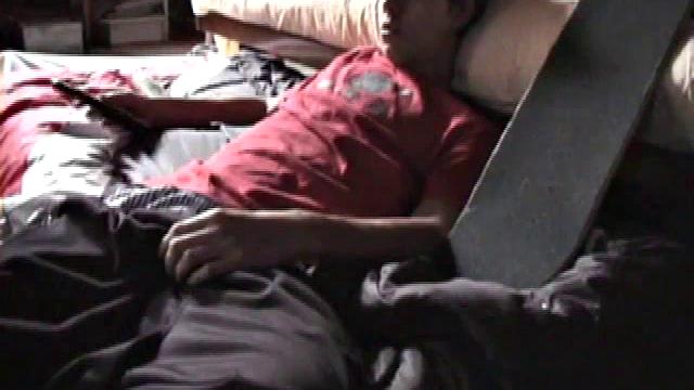 Jayden stands his skateboard up and then lies down in front of the camera to begin his solo jerk off. Getting to his favorite spot, he begins rubbing himself, before releasing his hard cock.