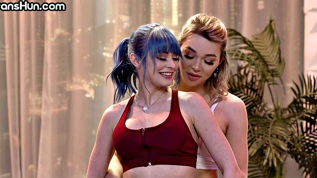 TS yoga teacher fucks busty babe in public on class