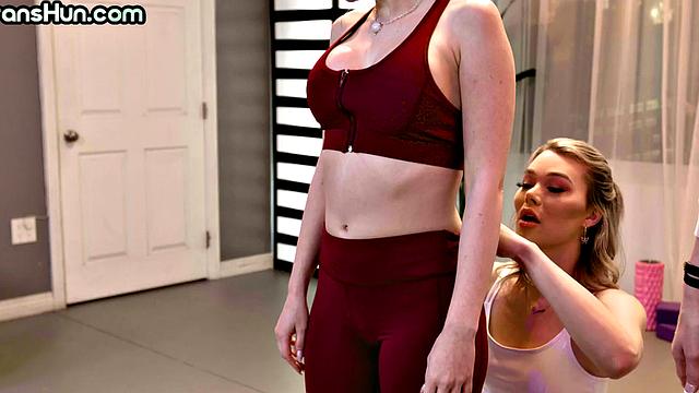 TS yoga teacher fucks busty babe in public on class