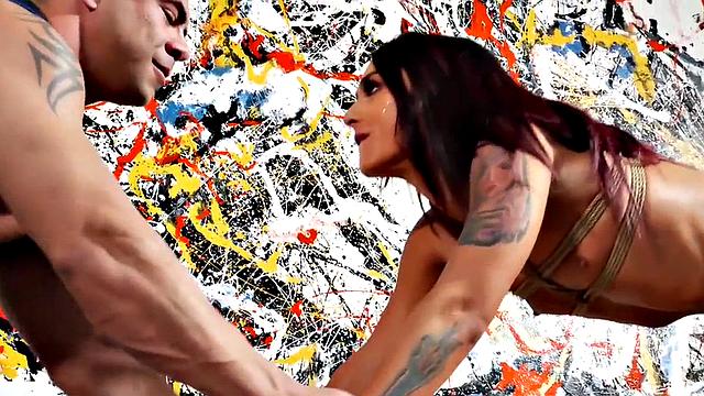 Tied trans throatfucked by maledom