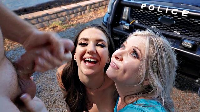 Squirting wild babe loves fucking in 3way outdoors on car