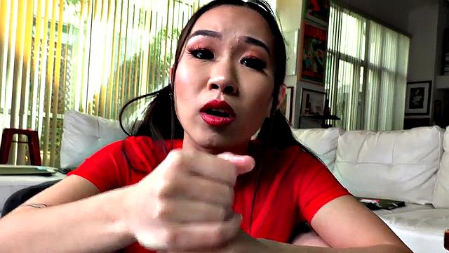 Petite POV amateur Asian babe gives dirty talking Handjob