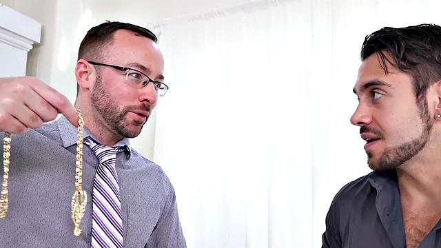 Mesmerized office jock rimmed by boss on work