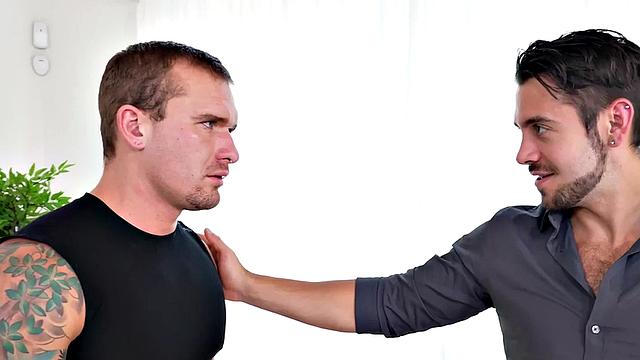 Mesmerized office jock rimmed by boss on work