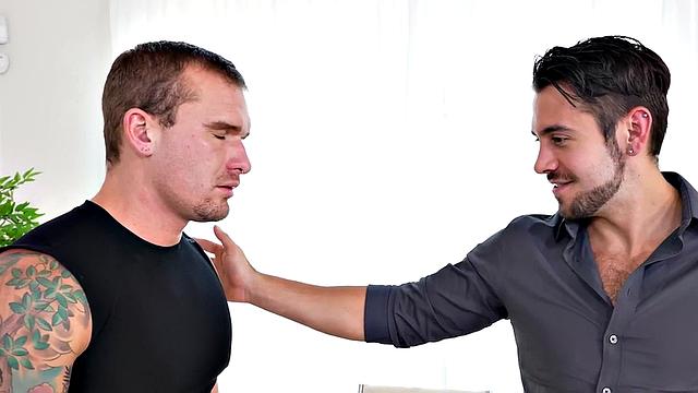 Mesmerized office jock rimmed by boss on work