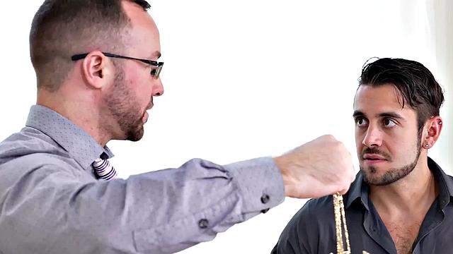 Mesmerized office jock rimmed by boss on work