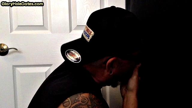 Gloryhole blowjob daddy with tattoos sucks dick at home