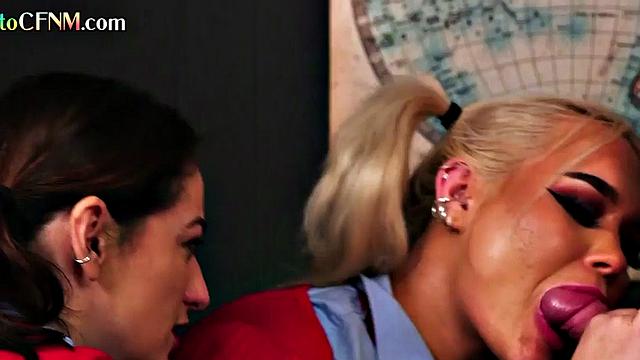 CFNM British students suck professor in college 3some