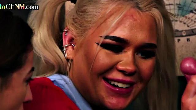 CFNM British students suck professor in college 3some