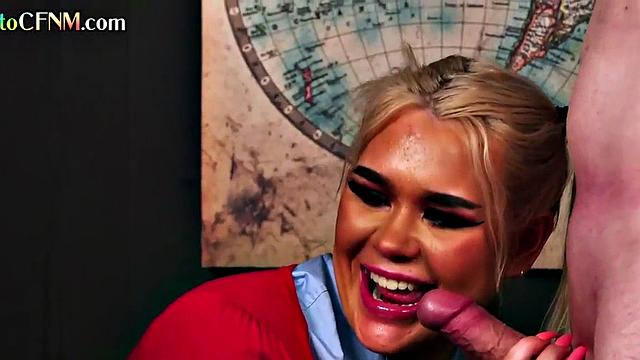 CFNM British students suck professor in college 3some