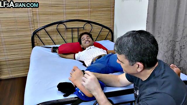 Ticklish Asian twink fucked in soft BDSM by gaydaddy