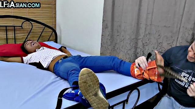 Ticklish Asian twink fucked in soft BDSM by gaydaddy