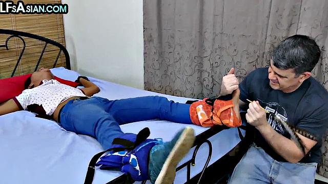 Ticklish Asian twink fucked in soft BDSM by gaydaddy